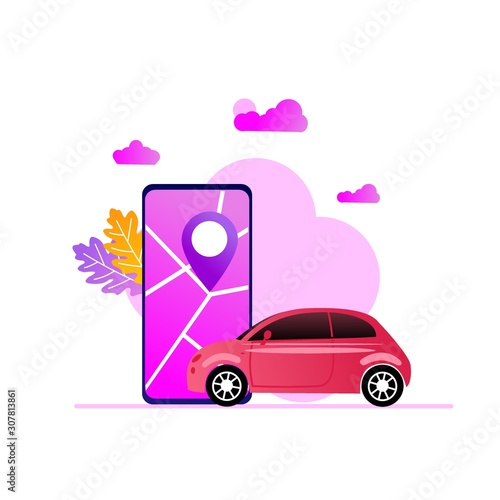 The concept of online transportation.smartphone and car images.Can be used for landing pages, backgrounds, banners, UI, web