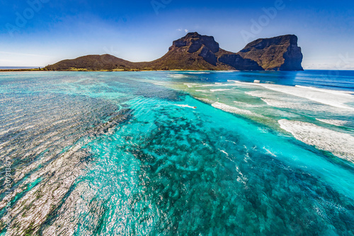 Aerial view of Lord Howe Island Coasts, turquoise blue Coral reef lagoon, the Tasman Sea, between Australia and New Zealand photo