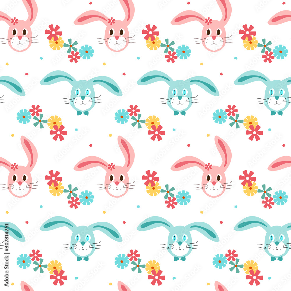 Seamless pattern with cute bunnies and flowers. Easter texture for holiday decoration. Endless background for baby clothes, kids room. Pink and blue hares. Vector illustration on a white background.
