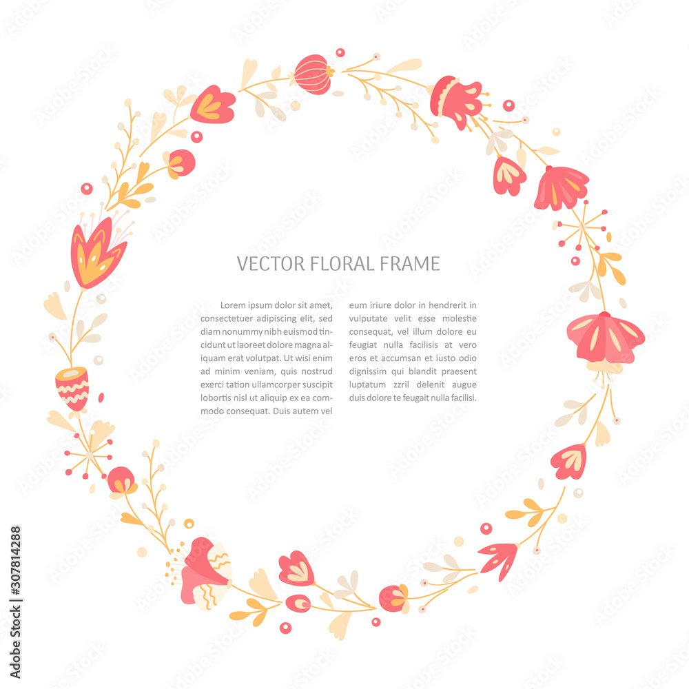 Obraz premium Hand drawn vector floral frame template. Floral doodle illustration with space for text. Decor for invitations, greeting cards, posters, design elements.