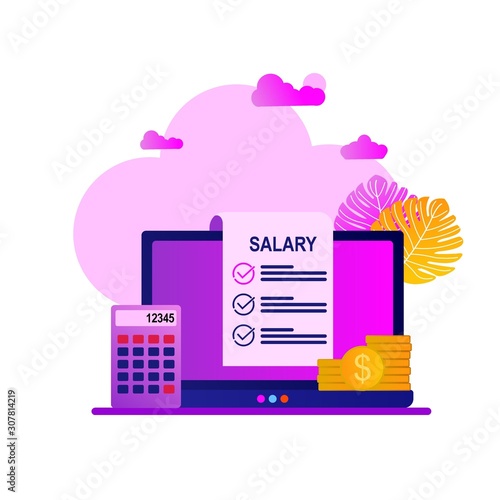 Website or landing page of The concept of salary payment.pictures of laptops, calculators, coins and salary slips,Can be used for landing pages, backgrounds, wallpapers, illustration books, banners
