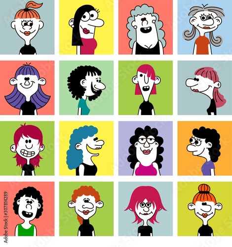 Set of female characters. Hand drawn vector drawing.
