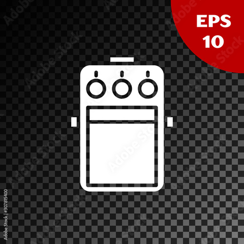 White Guitar pedal icon isolated on transparent dark background. Musical equipment. Vector Illustration