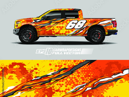 vehicle graphic livery design vector. Graphic abstract stripe racing background designs for wrap cargo van, race car, pickup truk, adventure vehicle.