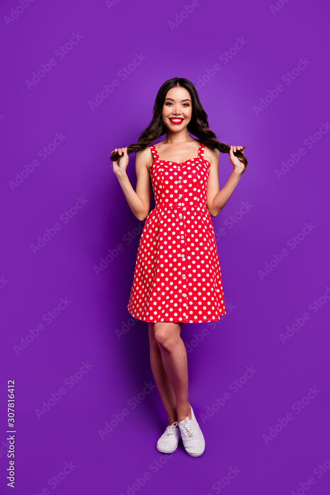 Vertical full length body size view of her she nice-looking attractive lovely cheerful cheery wavy-haired girl posing making tails isolated on bright vivid shine vibrant lilac purple violet background Vertical full length body size view of her she nice-looking attractive lovely cheerful cheery wavy-haired girl posing making tails isolated on bright vivid shine vibrant lilac purple violet background