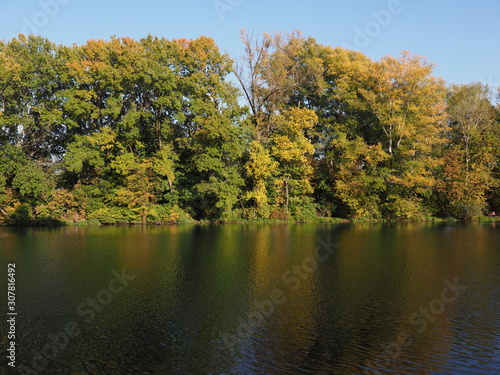 Landscape of trees and lake at Wilanow park in european Warsaw capital city in Poland