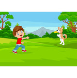 Cartoon boy playing frisbee with his dog in the park