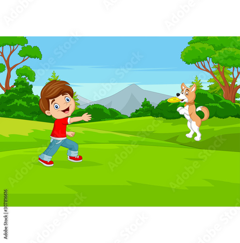 Cartoon boy playing frisbee with his dog in the park