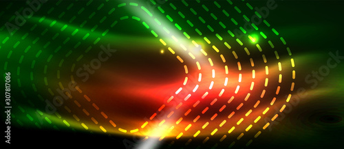 Dark background with neon glowing elements, shiny motion concept
