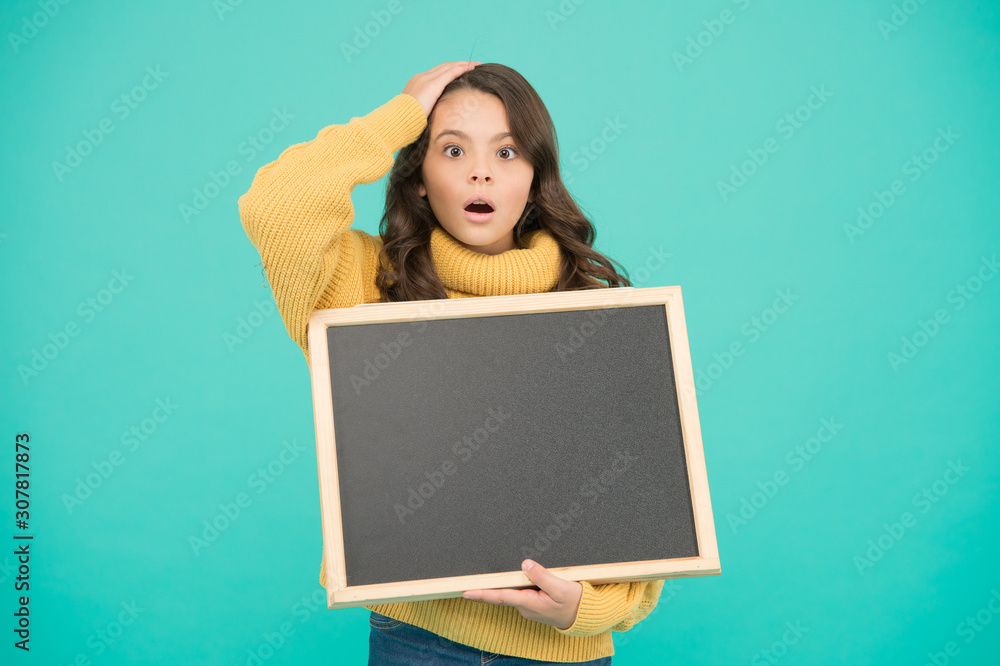Product details, copy space. happy small girl hold blackboard. useful info here. welcome on board. best prices. big sales advertising. back to school. copy space for your commercial Product details, copy space. happy small girl hold blackboard. useful info here. welcome on board. best prices. big sales advertising. back to school. copy space for your commercial