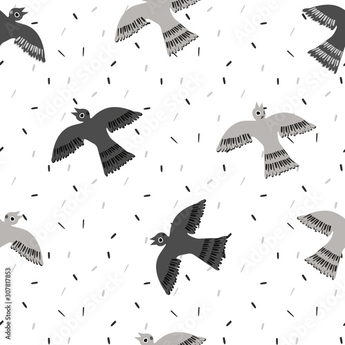 Seamless Pattern with Monochrome silhouettes Birds dove or pigeon in White, Gray and Black on the background Texture with Granules. Simple seamless pattern for background, fabric surface design
