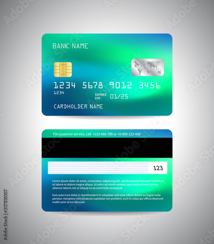 Vector Credit card. Front and back side of credit card template. Money, payment. Neon blue