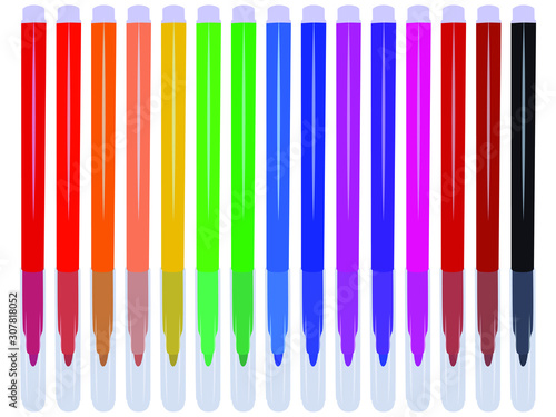 Set of fifteen markers with basic colors for drawing and painting. For sale and advertising markers and drawing them. Felt-tipped pen for courses on drawing. Set of markers with a cap for children.