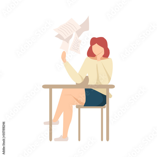 Lazy Girl Sitting At School Desk not Wanting to Write Essay Vector Illustration