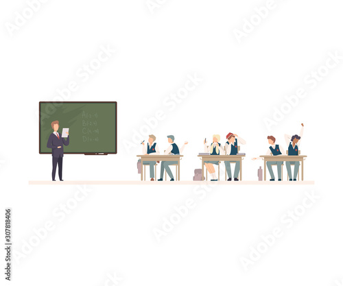 Naughty Pupils Sitting At School Desk Vector Illustration