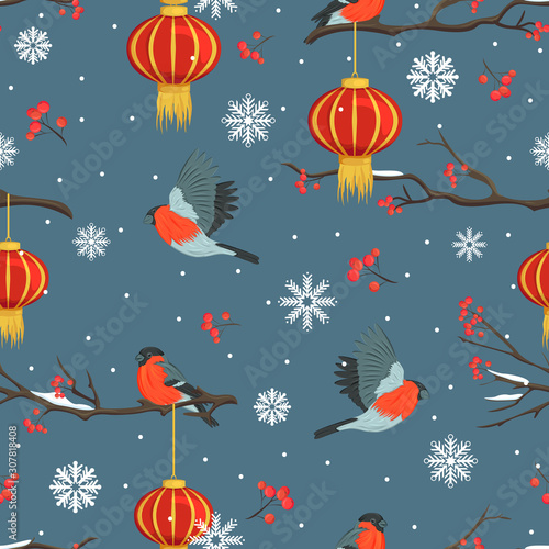  Seamless pattern with bullfinches, rowan and chinese lanterns