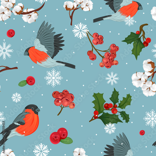 Seamless pattern with bullfinches, rowan berries, cotton flowers and holly