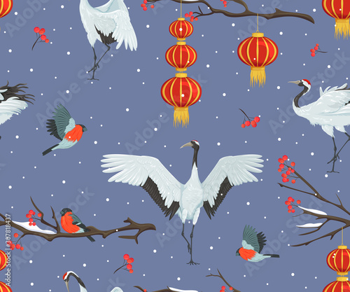 Seamless pattern with cranes, chinese lanterns and rowan branches