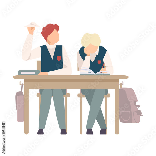 Naughty Boy Sitting At School Desk and Throwing Paper Plane Vector Illustration