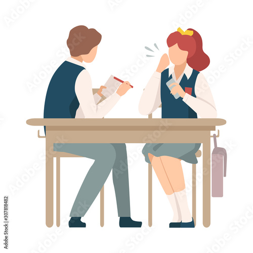 Naughty Boy Sitting At School Desk and Talking with His Neighbour Vector Illustration