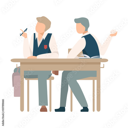Naughty Boy Sitting At School Desk and Throwing Crumpled Sheet of Paper Vector Illustration