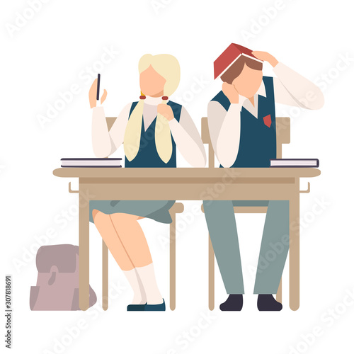 Girl Sitting At School Desk and Making Selfie During Lesson Vector Illustration