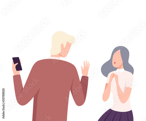 Man and Woman Experiencing Unrequited Feelings, One Sided or Rejected Love Flat Vector Illustration