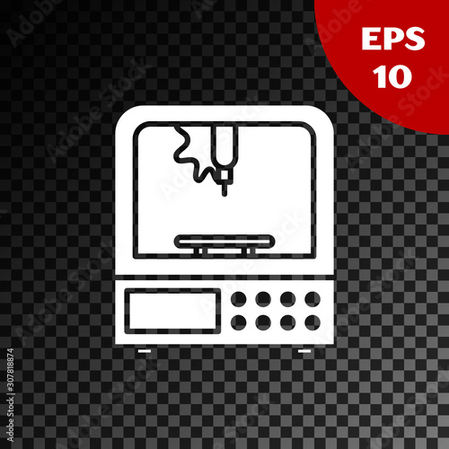 White 3D printer icon isolated on transparent dark background. Vector Illustration