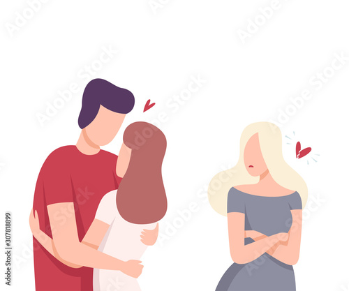 Girl Looking at Happy Romantic Couple, Male and Female Characters Experiencing Unrequited Feelings, One Sided or Rejected Love Flat Vector Illustration