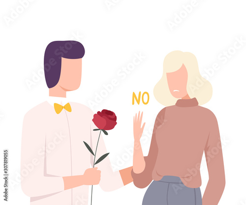 Young Woman Rejecting Feelings of Loving Man, Male and Female Characters Experiencing Unrequited Feelings, One Sided or Rejected Love Flat Vector Illustration