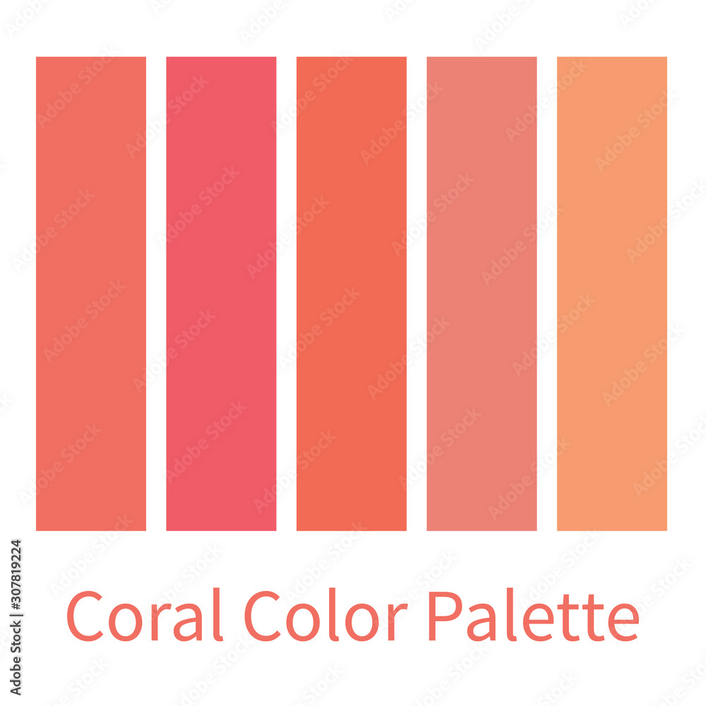 Coral color palette. Color gradation. Swatch Coral, rose, peach colors