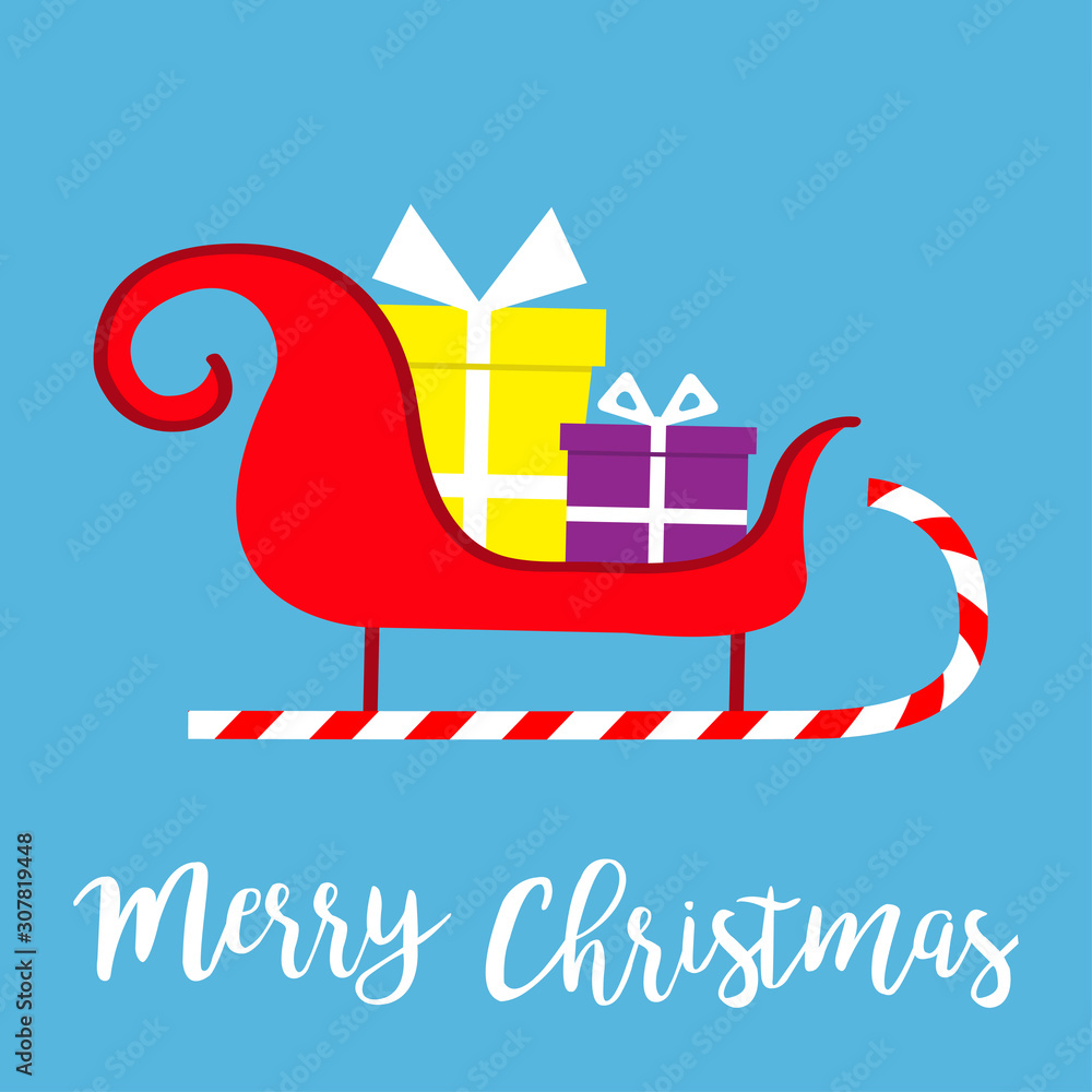 Merry Christmas. Santa Claus sleigh sled icon. Candy cane shape sledge. Gift box present set. Happy New Year. Greeting card. Blue background. Flat design.