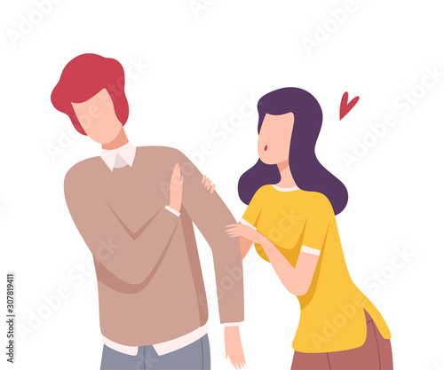 Young Man Rejecting Feelings of Loving Girl, Male and Female Characters Experiencing Unrequited Love, One Sided or Rejected Love Flat Vector Illustration