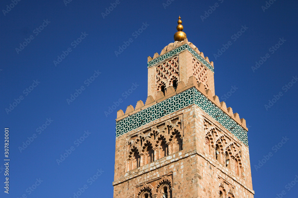 Close up of the tower of the Koutoubia Mosque or Kutubiyya Mosque, Marrakesh, Morocco
