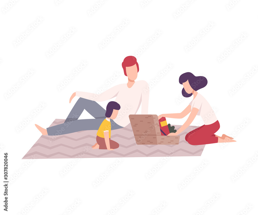 Family Having Picnic in the Park, Father, Mother and Son Characters Relaxing Outdoors Flat Vector Illustration