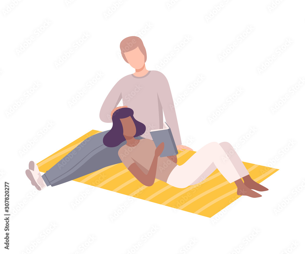 Couple in Love Having Picnic in the Park, Man and Woman Characters Relaxing Outdoors, Girl Lying and Reading Book Flat Vector Illustration