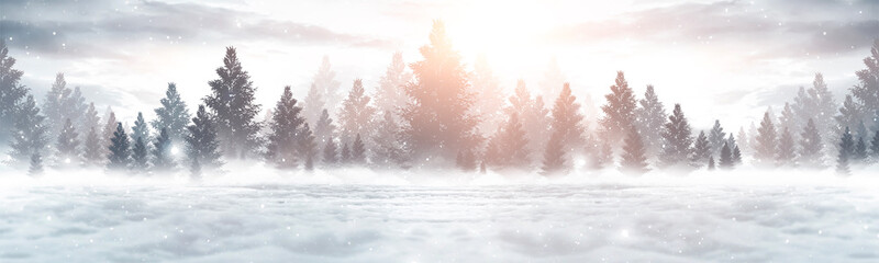 Winter abstract landscape. Sunlight in the winter forest. Panorama of forest landscape in winter. Bright winter nature scene.