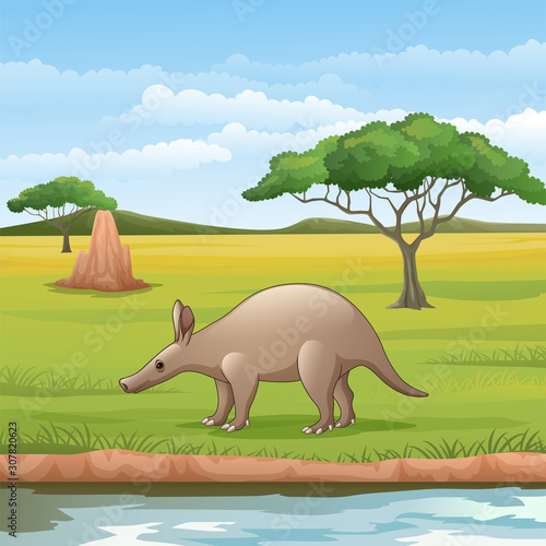 Cartoon Aardvark in the savannah