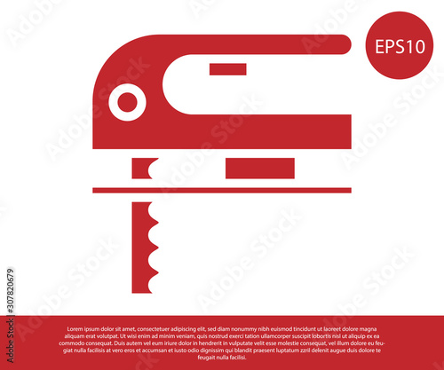 Red Electric jigsaw with steel sharp blade icon isolated on white background. Power tool for woodwork.  Vector Illustration