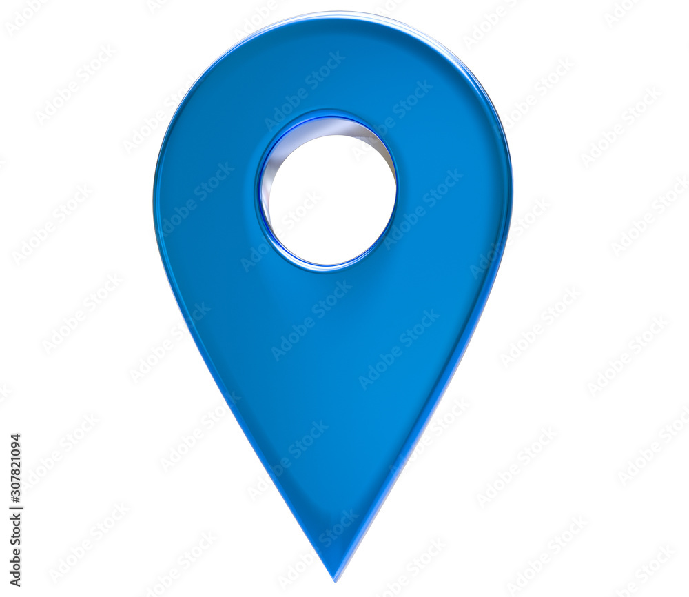 Blue map pointer 3d pin. Location symbol isolated on white background. Web location point, pointer. 3D rendering. Blue map pointer 3d pin. Location symbol isolated on white background. Web location point, pointer. 3D rendering.