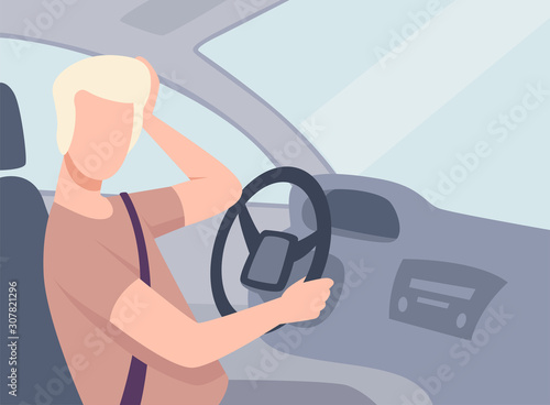Young Man Driving a Car, View from the Inside, Male Driver Character Holding Hand on a Steering Wheel Vector Illustration