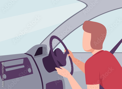 Man Driving a Car, View from the Inside, Male Driver Character Holding Hands on a Steering Wheel Vector Illustration