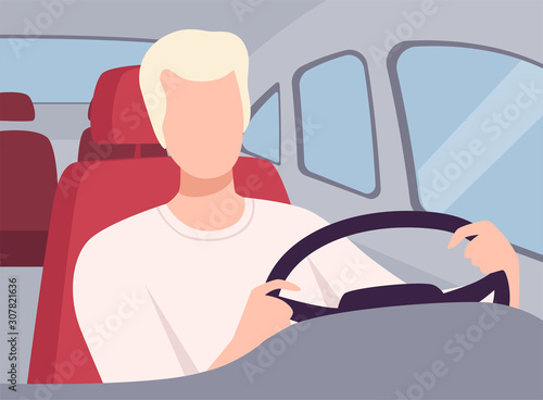 Young Man Driving a Car, View from the Inside, Male Driver Character Holding Hands on a Steering Wheel Vector Illustration