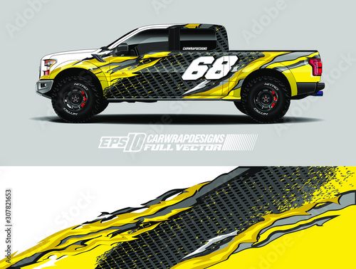 vehicle graphic livery design vector. Graphic abstract stripe racing background designs for wrap cargo van, race car, pickup truk, adventure vehicle.