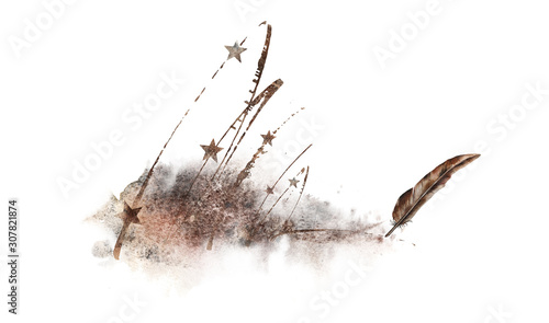 Abstract illustration with old rusty stars and a bronze feather. Book writer logo. photo