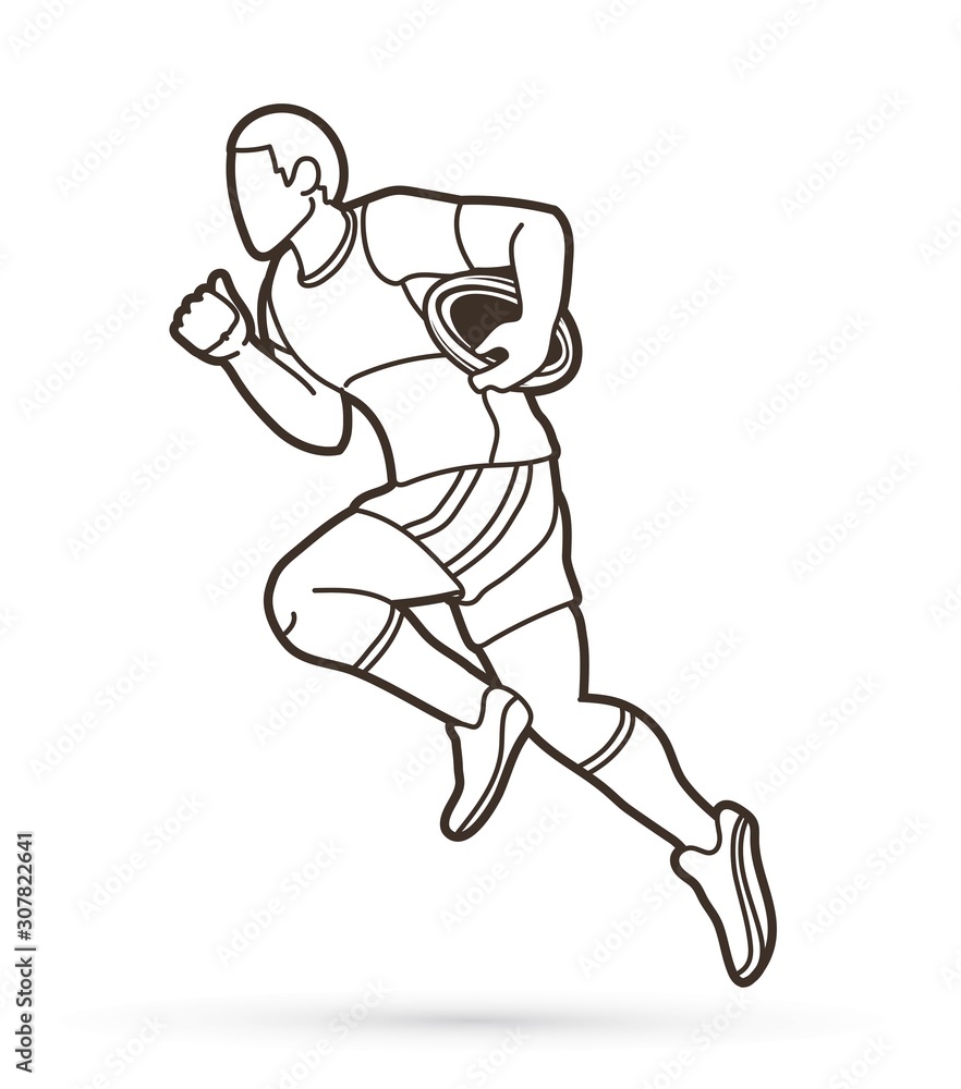 Rugby player action cartoon sport graphic vector.