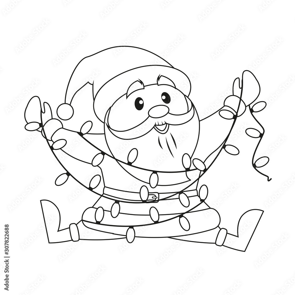 Obraz premium Santa Claus with Christmas lights. Black and white vector illustration for coloring book