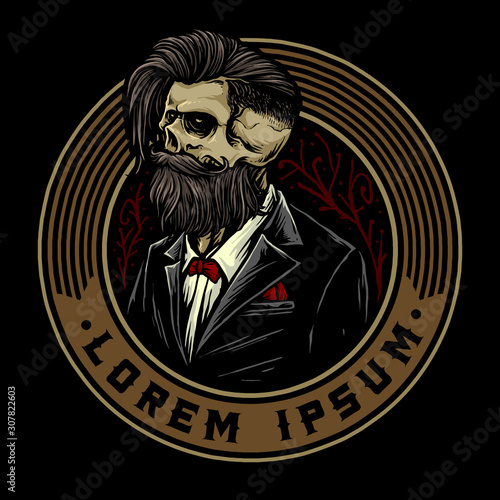 skull with retro barbershop badge and barbershop tools suitable for barber hairstyle logo
