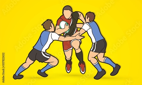 Rugby players action cartoon sport graphic vector.