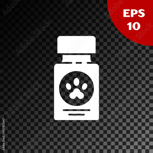 White Dog medicine bottle and pills icon isolated on transparent dark background. Container with pills. Prescription medicine for animal. Vector Illustration